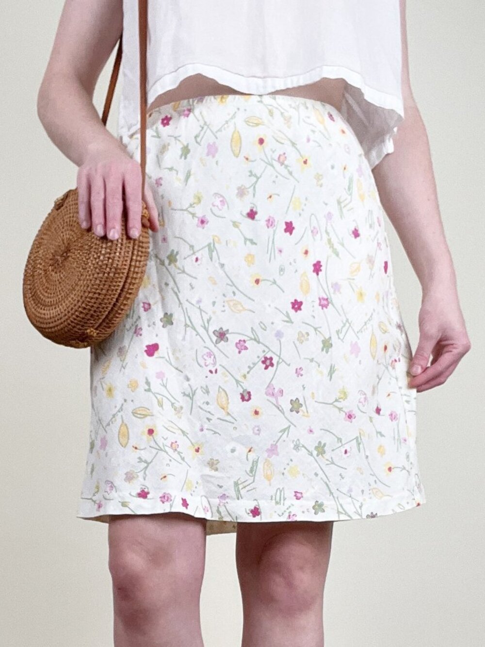 Vintage 90s Linen Dainty Floral Mini Skirt High Rise Waisted Romantic 1990's Y2K